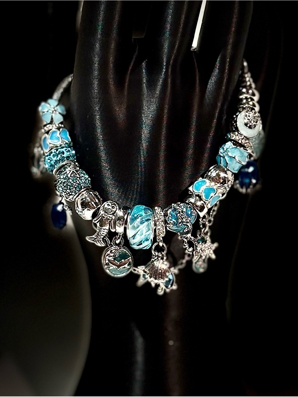 Silver-Tone Charm Bracelet with Aqua & Teal Beads